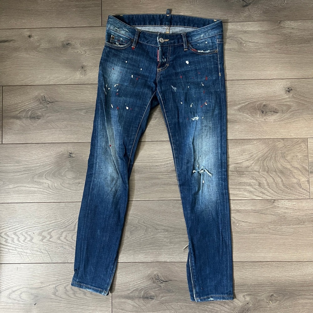 DSQUARED2 dark wash paint splatter skinny jeans Womens IT 40 US 4 zipper hems